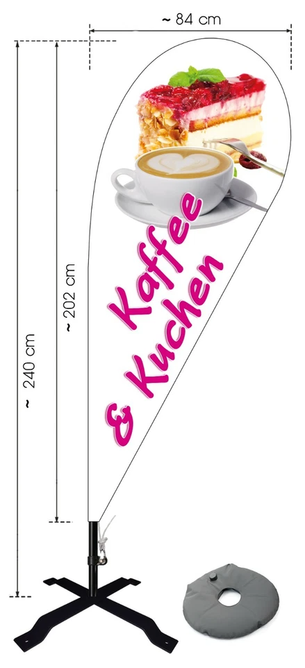 FELIXFLAGGEN Beachflag Kaffee & Kuchen ca 240 cm Werbung Banner Cafe Fahne Kaffee Bäckerei