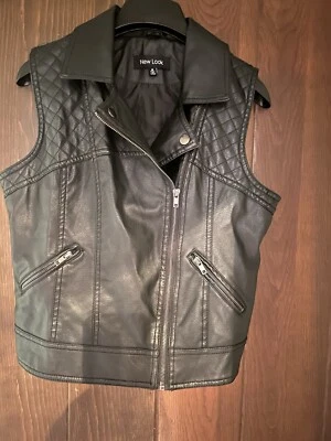 New Look Black Motorcycle Biker Vest Womens Size M Faux Leather Jacket Zips - Image 1 of 4