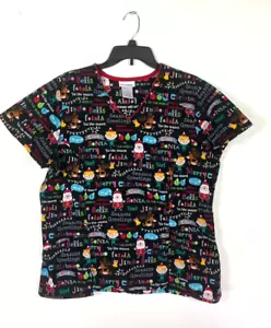 Scrubstar Woman’s Size Large Scrub Top Merry Christmas Theme Santa Black - Picture 1 of 14