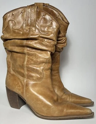 DESTROY Vintage Western Slouch Boots Tan Leather 37 /  6.5 Made in Spain - Image 1 of 4