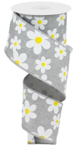 Spring Daisy Flower Wired Edge Ribbon, 2.5" x 10 Yards (Grey) - RG0193510 - Picture 1 of 1
