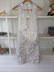 Carla Zampatti White Floral Brocade Shiny Silver Evening Cocktail Dress 10 S - Picture 1 of 8