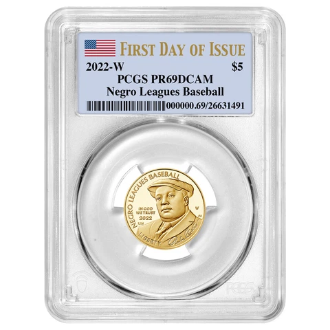 2022-W Proof $5 Negro Leagues Baseball Gold PCGS PR69DCAM FDOI Flag Label Cover