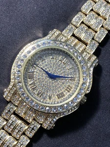 Charles Raymond Mens Watch Gold Tone Faux Pave Gemmed Bling Wristwatch - Picture 1 of 19