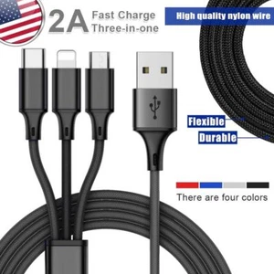 3 in 1 Nylon USB Cable iPhone/Micro USB/Type C Sync charge Cord For All Devices - Picture 1 of 20