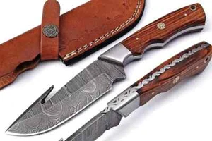 Handcrafted Damascus Steel Knife with Full Tang Handle and Leather Sheath ASU - Picture 1 of 7