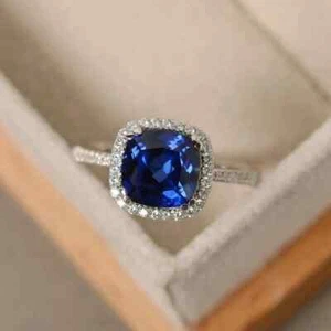 Alianza de diamantes de zafiro natural talla cojín de 2,66 quilates de oro blanco de 14 quilates tamaño todo - Imagen 1 de 6