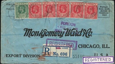 SAVOYSTAMPS-NIGERIA-COVERS-1922-REGISTERED LETTER TO-CHICAGO ILLINOIS-RED WAX SE - Image 1 of 2
