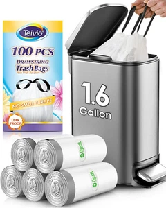 1.6 Gallon (Fit 5-6 Liter) 100 Counts Small Strong Drawstring Trash Bags Garbage - Picture 1 of 6
