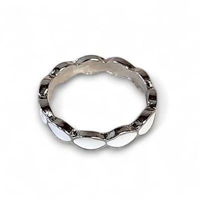 Silver Tone & White Enamel Ring Band Size 5.25 - Image 1 of 4