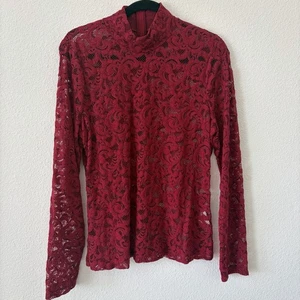 White House Black Market burgunderrot transparente Spitze Langarmshirt Damen Large - Bild 1 von 7
