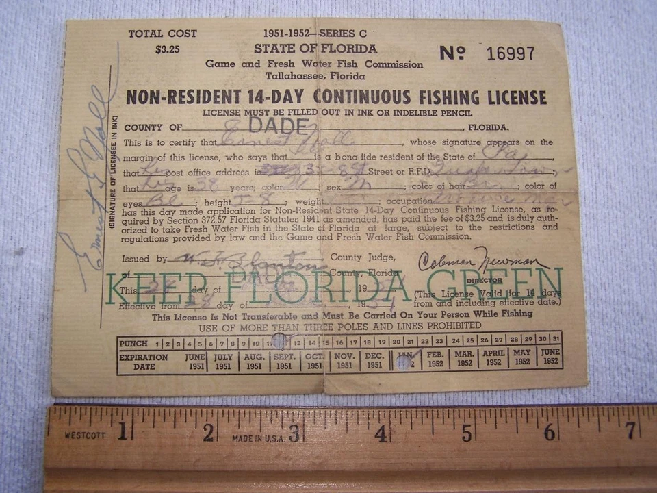 1951-1952 Estado de Florida ¡¡Licencia de pesca continua de 14 días para no residentes!!! Foto 1 de 1