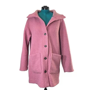 Lands End Womens Pink Teddy Fleece Button Front Coat Size L Warm Cozy - Picture 1 of 11