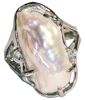 Huge 1" Tall BAROQUE PEARL 14kt White Gold Ring Sz 7 Stunning ! - Image 1 of 4