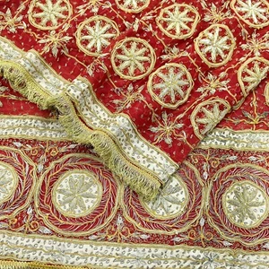 Vintage Heavy Bridal Red Dupatta Pure Chiffon Silk Long Stole Hand Embroidered - Picture 1 of 24