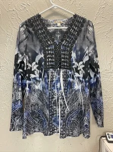 World Unity Long Sleeve Knit Popover Top Blue Black White Paisley Size Medium - Picture 1 of 5