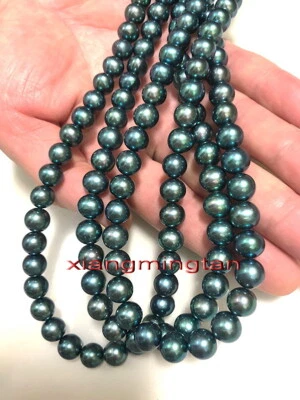 Top Lustre Largo 48"9-10mm Natural REAL REDONDO TAHITIANO Collar Perla Negro 14K Foto 1 de 4