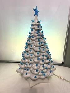Vintage 18" Ceramic Lighted Christmas Tree White Blue Scene Nativity Beautiful - Picture 1 of 18