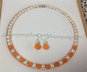 Natural 7-8mm White Pearl 8mm Orange Jade Necklace Earrings Set 18'' - Picture 1 of 6
