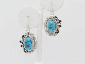 Native American Dangle Earrings Sterling Silver & Turquoise Navajo Handmade - Picture 1 of 8