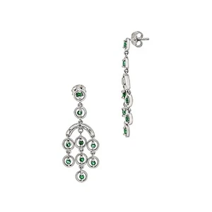 Natural Green Emerald Round Chandelier Dangle Earrings in 0.925 Sterling Silver  - Picture 1 of 3