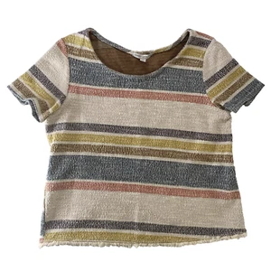 Sobre Verde Mujer Talla L Manga Corta Rayas Top Azul Blanco Flecos Boho Crudo - Imagen 1 de 7