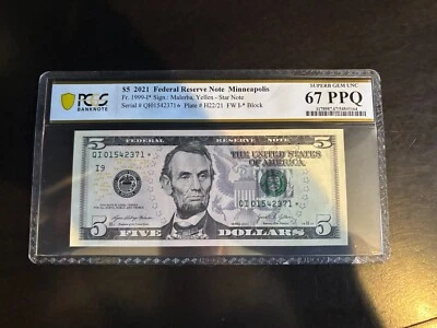 DBR 2021 $5 FRN Minneapolis STAR Fr. 1999-I* PCGS-B 67 PPQ Serial QI01542371* - Image 1 of 2