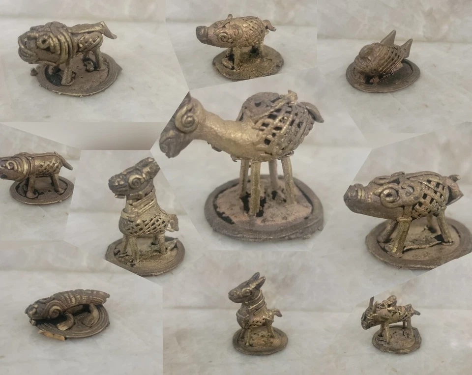 老式DHOKRA艺术印度黄铜线工作三重奏人物FOLK艺术动物10X — 第 1/4 张图片