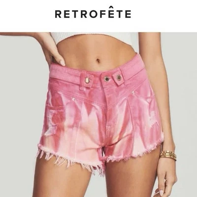 Retrofete Tessa Shorts Watercolor Sunset Pink Denim Distressed Tie Dye MSRP $275 - Image 1 of 4