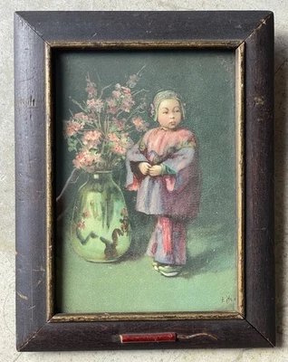 Antique Original Painting by Esther Hunt Chinese Child w/ Flower Vase Asian Art - Image 1 of 4