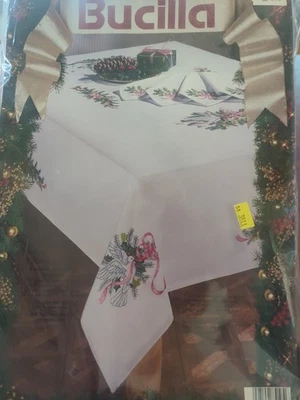 Bucilla 1993 ~DOVES AND HOLLY~ 52 X 70 Tablecloth, Outlined Embroidery Christmas - Image 1 of 4