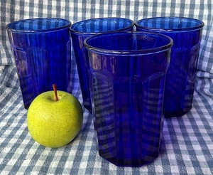 VINTAGE ~ 10 PANEL COBALT BLUE TUMBLER GLASS SET OF 4 ~ 5.25" ~ MADE IN FRANCE - Picture 1 of 14
