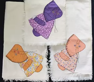 3 Sunbonnet Sue Flour Sack 1930's Cotton Tea Towels Embroidered Appliqued 32" sq - Picture 1 of 21