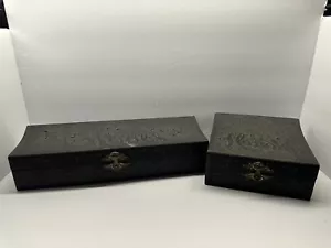 Antique Dresser Lot Black Embossed Celluloid Gloves And Handkis Box Vintage - Picture 1 of 6