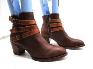 Bed Stu 2160 Brown Leather Belted Buckles Zip Ankle Boots Women's Size 7 - Picture 1 of 12