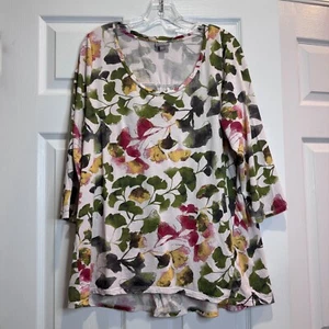 J Jill 100% Pima Cotton Ginko Leaf Lightweight Top Large A-line Knit 3/4 Sleeve - Picture 1 of 14