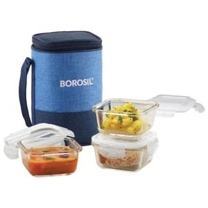 Juego de 3 Fiambreras de Vidrio 320 ml cada una Lonchera Unisex para Oficina con Bolsa - Imagen 1 de 8