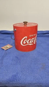 Vintage 2003 Drink COCA COLA Round Insulated Ice Bucket Wooden Handles 7"D X 7.5 - Picture 1 of 11
