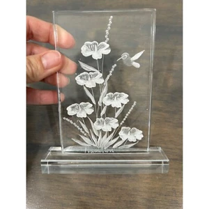 Vintage Hummingbird and Flowers Etched Carved Lucite Acrylic Paperweight Desktop - Picture 1 of 3