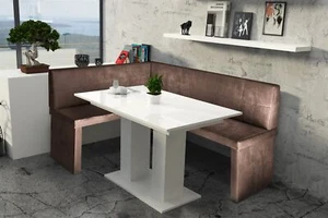Eckbankgruppe 196x142 cm ROBIN XL R Vin..Braun / Esstisch DANTE Weiss - Bild 1 von 2