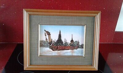Vintage Sand Gravel Art MCM.Thai Royal Barge Passing Temple Of Dawn.16 X 13   • 45£