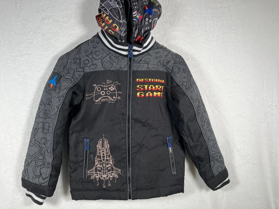 Desigual Black Gamer Jacket Zip Up Coat Size 7 / 8 Gray Video Game Print Hooded - Image 1 of 4