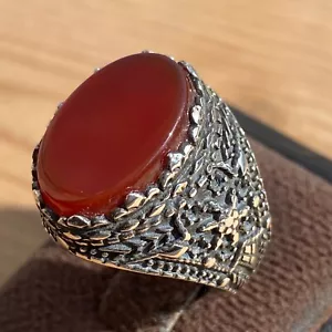 flate handmade 925 Sterling Silver Men's Ring with natural red Yemen Agate aqeeq - Picture 1 of 10