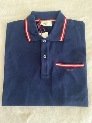 Nueva Camisa Polo Bally Azul Marino Algodón Bolsillo Bally Cuello a Rayas Talla M Precio de venta sugerido por el fabricante 260 USD Foto 1 de 4