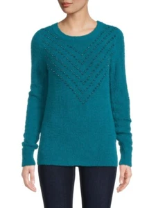 Nanette Lepore Woman's Top Fuzzy Beaded Sweater in Deep Lake Blue $88 Size S NEW - Imagen 1 de 3