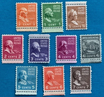 US Stamps Scott 803 to 812 single set of 10 1938 Presidential Issue Fresh M/NH - Image 1 of 3