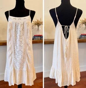 Gr. L Anthropologie Gaze Leinen Tie Back Rüschen Swing Kleid Natur Hellbraun Makramee - Bild 1 von 8