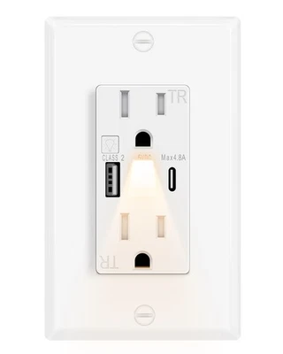 PRINTMASTER Fast Charge 24W USB C/A Outlet with Night Light 15A Tamper-Resistant Soft Glow