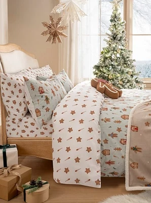 NEW CHRISTMAS FESTIVE GINGERBREAD MEN STRIPE DOUBLE DUVET SET BEDDING.
