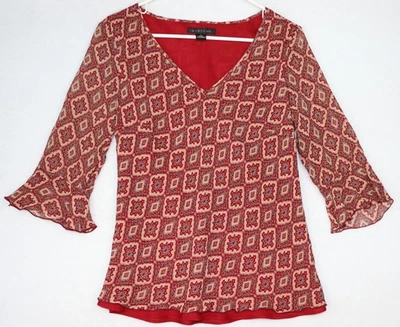 Blusa Harold's para mujer 10 roja cuello en V manga campana 3/4 seda forrada top geométrico Foto 1 de 4